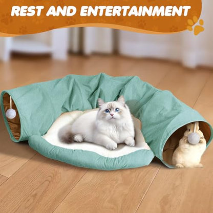 Spardar 2-in-1 Bunny Tunnel Bed, with Removable Mat Hideout, Matcha Green | Collapsible Tunnel Tubes Toys, Washable, Interactive Toys for Rabbits, Chinchilla, Hedgehog, Guinea, Kitty - color: Matcha Green