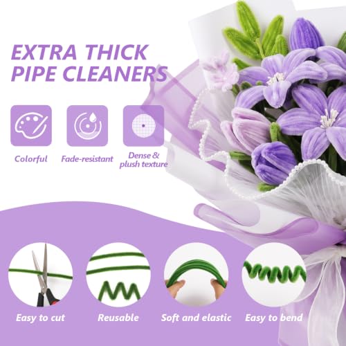 Cwczhi 600 PCS Pipe Cleaners Craft,9 Colors Purple Pipe Cleaner Flower Kit | with Instructions,Floral Wires,Stamen,Wrapping Paper& Ribbon,Art and Craft Supplies - color: purple
