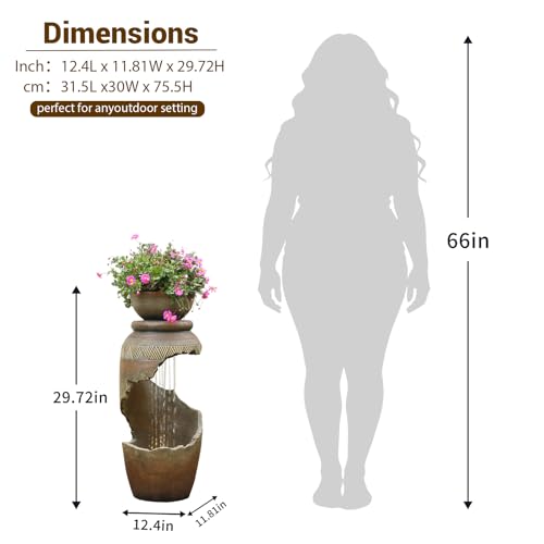 Sunlinua Outdoor Water Fountain with LED Light, Modern Spiral Tiered Outdoor Fountain with Stone Planter Curved Freestanding Waterfall Fountains for Garden Patio Deck Porch - color: Brown, size: 29.7" H