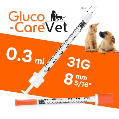 U-100 Pet - Veterinary Syringe 31G x 5/16" (8mm), 0.3ml (0.3cc) | Size 0.3 ml/cc, 50/bx, for Dogs & Cats, Veterinary Use Only, Half-Unit Markings, Clear Barrel, Fine Tip