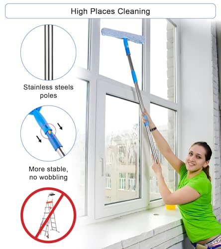 Window Squeegee Cleaner with 4 Stainless Steel Extension Poles,Long Reach to 58inch, Scrubber, Glass Scraper, Bendable Duster, 2 Scrubber Cloth for Window, Car, Professional Cleaning Kit - color: Silver