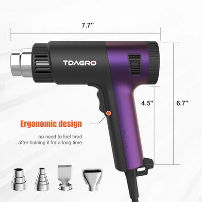 1800W Heat Gun (122℉-1202℉) with 4 Nozzles & Temp Control | Hot air tool with 2 fan speeds & built-in overload protection for safe, precise vinyl wrapping, resin DIY & shrink tubing.