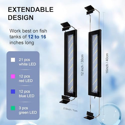Led Aquarium Light, Full Spectrum Fish Tank Lights, Small 5/10 Gallon Freshwater Fishtank Hood Lighting for Grow Fish, Plants, Adjustable from 12 to 16 Inch - size: 12-16 IN