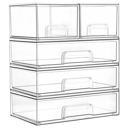 Vtopmart Clear Stackable Storage Drawers Set of 5, Plastic Organizer Bins for Makeup, Cosmetics, Beauty Supplies,Ideal for Vanity, Bathroom,Cabinet,Pantry Organization - style: 2 Small+3 Wide