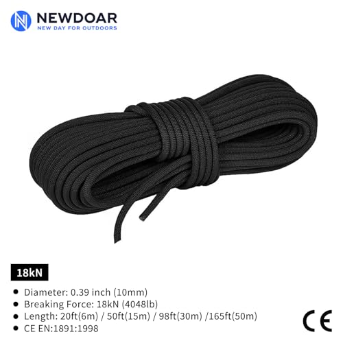 Static Climbing Rope - 8mm (5/16c) / 10mm (3/8”) Double Braid Accessory Cord for Rock,Hauling, Prusik, Survival - Pre-Cut 20FT, 50FT, 100FT, 165FT Lengths - Outdoor, Fire Rescue Equipment - color: Black, size: 3/8 in x 50 ft