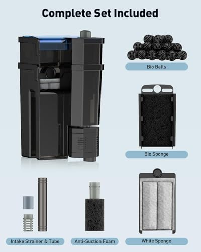 Pawfly 3 W Aquarium Filter, 15 Gallon Fish Tank Filter, 60 GPH Hang on Back Aquarium Filter with Adjustable Water Flow, Sponge, Bio Balls & Extendable Intake Tube, Ultra Quiet HOB Filter - size: 5"× 3.2"