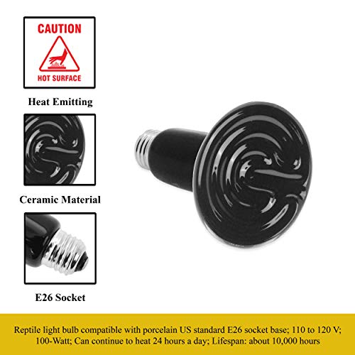 Mandala Crafts 2 Black 100W No Light Ceramic Heat Emitter Che Lamp Bulbs | E26 Socket, Safe Around Water, No Noise, Infrared, for Reptile, Bearded Dragon, Turtle, Lizard, Snake, Chicken Coop, Brooder - color: Black