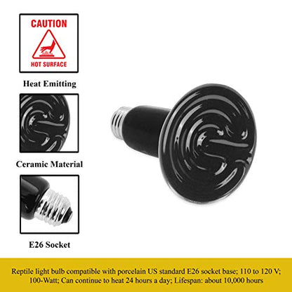 Mandala Crafts 2 Black 100W No Light Ceramic Heat Emitter Che Lamp Bulbs | E26 Socket, Safe Around Water, No Noise, Infrared, for Reptile, Bearded Dragon, Turtle, Lizard, Snake, Chicken Coop, Brooder - color: Black