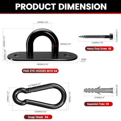 304 Stainless Steel Pad Eye Snap Hook,M10 Ceiling Hook 1700Lb,8Pc | Hanging Kit with Screws for Hammock Chair Swing, Yoga Gym Equipment, Sun Shade Sail, Plant Hangers & Marine Boat Hardware - size: 4 Inch, style: Black Oval