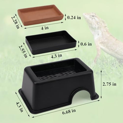 Hypeety Reptile Hide Box Small Animal Hide Cave for Snakes Lizards Geckos | Smooth surface, with pottery sink, maintain humidity, helps peeling, hollow design at the top, easy to clean, balck, 3-in-1