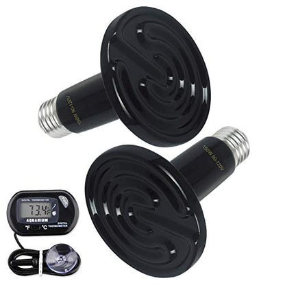 2-Pack 150W Ceramic Heat Lamp with 1-pcs Digital-Thermometer | Infrared Heat Emitter Bulbs, for Reptiles, Amphibians, Chicken Brooder, Coop Lizard Turtle Snake Aquarium, No Light No Harm