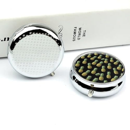 Small Travel Pill Box, Upside Down Pineapple Tropical Fruits Round Metal Organizer, 3-Compartment Case for Fish Oil, Pocket Purse Dispenser for Vacation - color: Style (620)