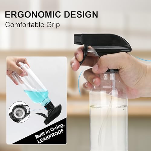 12oz/350ml Plastic Spray Bottles 1 Pack, Adjustable Mist/Stream | Refillable heavy duty spray containers for plants, cooking, hair care and household cleaning - color: 16.9oz-BlackClear
