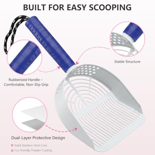 Cat Litter Scoop with Holder, 3 in 1 Metal Kitty Scooper | Heavy Duty Deep Litter Sifter with Dustpan & Mini Broom, Dual Coarse & Fine Grid, Quick Sift, Universal for All Cat Litter - color: Dark Blue, size: Large
