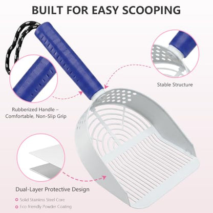 Cat Litter Scoop with Holder, 3 in 1 Metal Kitty Scooper | Heavy Duty Deep Litter Sifter with Dustpan & Mini Broom, Dual Coarse & Fine Grid, Quick Sift, Universal for All Cat Litter - color: Dark Blue, size: Large