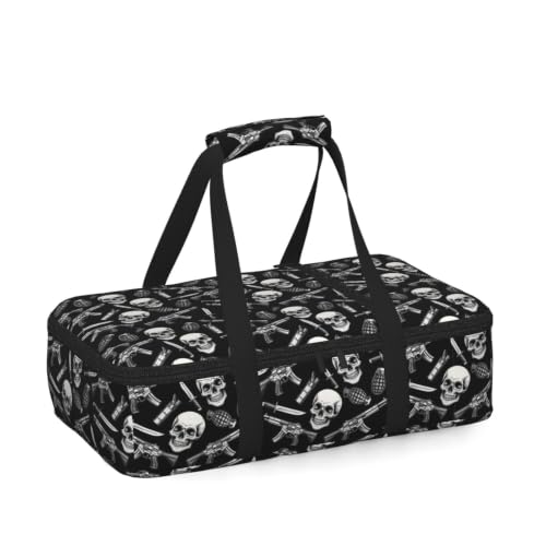 Casserole Carrier with Handles Urban Skull Print | Creative Monochrome Urban Mix Skull, Thermal Carrier with Handles Zipper Fits 9x13 Baking Dish Potluck BBQ Travel - color: Pattern (761)