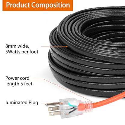30FT Pipe Heat Tape, -40°F Freeze Protection,Heat Tape for Water Pipes | Heat Tape for Water Pipes,Freeze Protected Water Pipe Heating Cable 120V 5W/ft