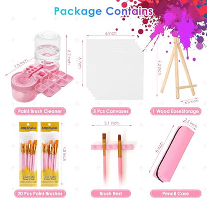 Paint Brush Washer, Deep-Clean Leak-Proof Kit with Palette | Includes: 5 canvases, 20 brushes & case, 400ml clean/500ml waste tank, durable ABS, ideal gift for beginners/students, pink - color: Pink