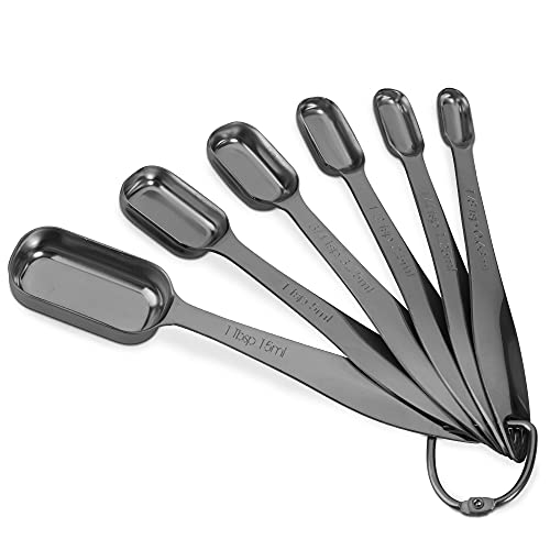 6-Piece 18/8 Stainless Steel Measuring Spoons Set, Dark Gray | Six Engraved US and Metric Sizes From 1/8 TSP to 1 Tbsp Fit Narrow Spice Jars and Stay Together On an O-shaped Ring - color: Dark Gray, size: 6 Piece