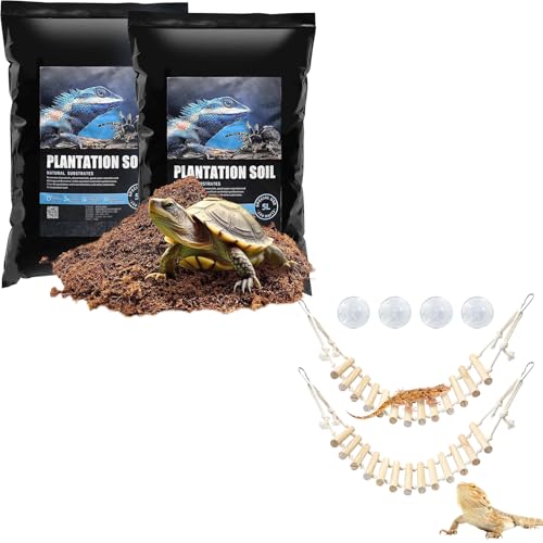 VCEPJH Loose Coconut Fiber Substrate 2 Pack Natural Coco Coir Reptile Bedding and 2 Pcs Reptile Bridge Leopard Gecko Climbing Ladder Wooden Basking for Crested Gecko Bearded Dragon Hermit Crab