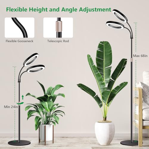 Aumtrly 2 Head Grow Light Full Spectrum, Black, with 68" Adjustable Stand | 6/12/16H Timer, 5 Dimming Level, 168 LED Halo Design, Flexible Gooseneck, Metal Base, Floor Growing Lamp for Large Tall Plant - size: 2 head 68inch/black