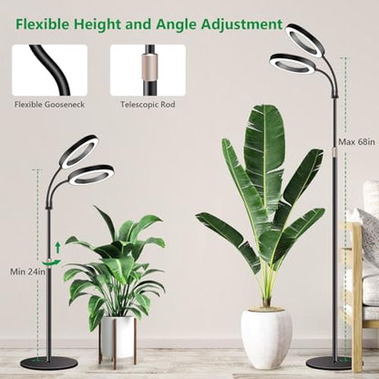 Aumtrly 2 Head Grow Light Full Spectrum, Black, with 68" Adjustable Stand | 6/12/16H Timer, 5 Dimming Level, 168 LED Halo Design, Flexible Gooseneck, Metal Base, Floor Growing Lamp for Large Tall Plant - size: 2 head 68inch/black
