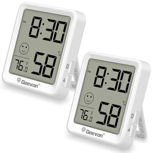 Geevon 2 Pack Mini Digital Hygrometer Gauge Indoor Thermometer with Time Display – LCD Monitor Temperature， Outdoor Humidity Meter for Home House Office Garden and Cellar - size: 2 pack, style: 256360