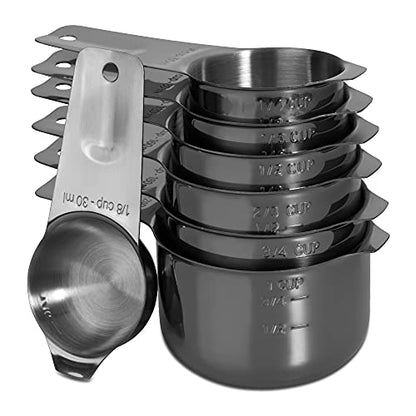 7-Piece 18/8 Stainless Steel Measuring Cups Set, Dark Gray | Includes 1/16, 1/4, 1/3, 1/2, 2/3, 3/4 and 1 Cup, Engraved US and Metric Markings, Pour Spouts and Ring Connector - color: Dark Gray, size: 7 Piece