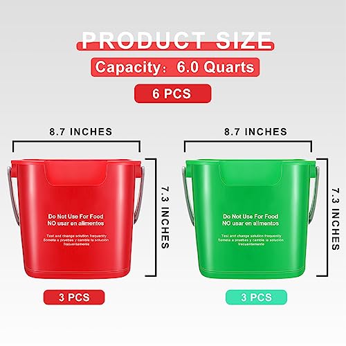 6 Pcs 6 Quart Cleaning Bucket Small Sanitizing Square Bucket Detergent Pail for Home Commercial Restaurant Kitchen Office School (Red, Green) - color: Red, Green