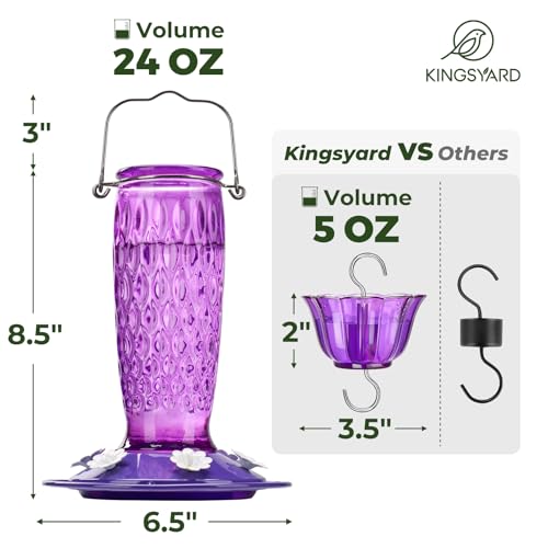 Kingsyard Glass Hummingbird Feeder for Outdoors with Ant Moat | 24 oz, Wide-Mouth Opening, 6 Metal Feeding Ports, Bee Guard, Easy to Clean & Refill Nectar, 360 Degree Perch, Purple - color: Purple