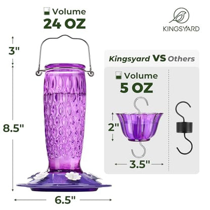 Kingsyard Glass Hummingbird Feeder for Outdoors with Ant Moat | 24 oz, Wide-Mouth Opening, 6 Metal Feeding Ports, Bee Guard, Easy to Clean & Refill Nectar, 360 Degree Perch, Purple - color: Purple