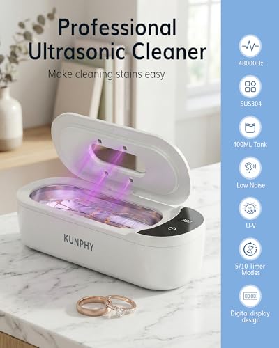 48kHz Ultrasonic Jewelry Cleaner, Ultrasonic Cleaner | 2026 Upgraded Design, 400ml Tank, 2 Digital Timers, Touch Operation, for Eyeglasses Watches Silver Gold Diamond Rings - color: Cool White