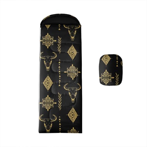 Erosebridal Sugar Skull Kids Sleeping Bag Southwestern Aztec Western Camping Blanket for Hiking Travel Hunting Sleep Bag - color: Black Yellow Gold 13