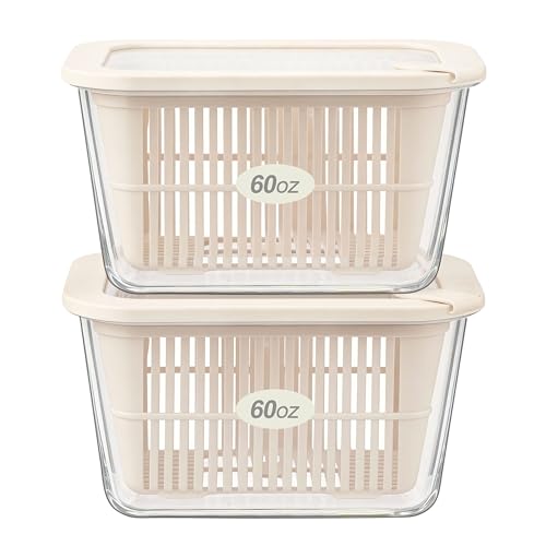 Glass Food Storage Containers with Glass Lids, Microwave Safe Food Container Set, Aitight Meal Prep Container Set, BPA Free, 2 extra Colanders, LeakProof, 2 Pack of 60oz - color: Ivory White- 2RT