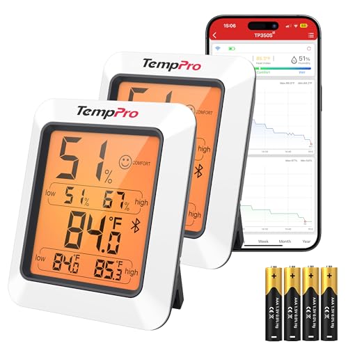 TempPro TempAir Bluetooth Hygrometer Thermometer for Greenhouse Up to 260ft | Room Indoor Thermometer Humidity Monitor, Humidity Meter Temperature Sensor with 2-Year Data Export&Large Backlit Screen, 2PC - size: Bluetooth