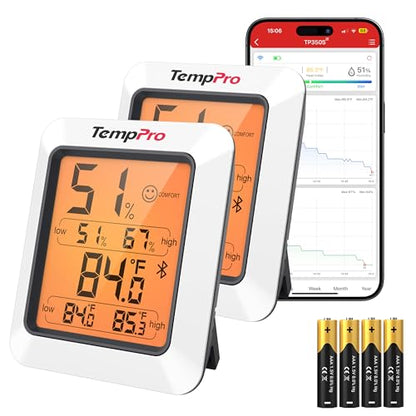 TempPro TempAir Bluetooth Hygrometer Thermometer for Greenhouse Up to 260ft | Room Indoor Thermometer Humidity Monitor, Humidity Meter Temperature Sensor with 2-Year Data Export&Large Backlit Screen, 2PC - size: Bluetooth