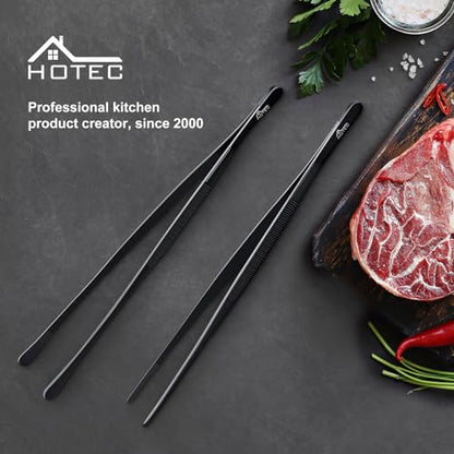 HOTEC Kitchen Tweezers Tongs Stainless Steel Professional Chef Tweezers, Set of 2-12inch Extra-Long Food Tongs for Cooking,Grill and Baking - color: Black, size: 2PCS: 12 Inch