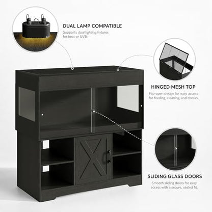 120 Gallon Reptile Tank with Stand,4x2x2 Reptile Enclosure | Snake Enclosure with Outlets,Cabinet,Sliding Door,Reptile Terrarium Bearded Dragon Tank for Lizards,Geckos Black CAGE008B