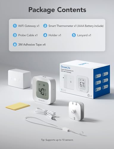 GoveeLife WiFi Refrigerator Thermometer 1-Pack with Gateway & LCD Display | Freezer alarm fridge monitor with app alerts & anti-false, 197ft range, 2-yr data export. For freezer/fish tank/hot tub - style: BT Gateway+1 Sensor