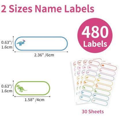 480 Pcs Waterproof Labels for Kids Stuff Daycare Name Bottle Essentials | Cute Dinosaur Self-Adhesive Baby Water Bottle Stickers for School Supply, Self-Laminating Write-on, Reusable Washable - style: Cute Dinosaur