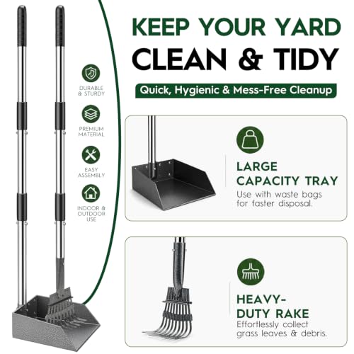 Long Handle Dog Pooper Scooper with Extension & Spare Poles, Stainless Steel Rustproof for Large Medium Dogs Yard Lawn | Ergonomic height adjustment, Four optional configurations, fits various grounds, easy to clean, free gloves & hook - size: Large 2‑Pc
