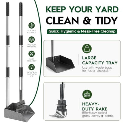 Long Handle Dog Pooper Scooper with Extension & Spare Poles, Stainless Steel Rustproof for Large Medium Dogs Yard Lawn | Ergonomic height adjustment, Four optional configurations, fits various grounds, easy to clean, free gloves & hook - size: Large 2‑Pc
