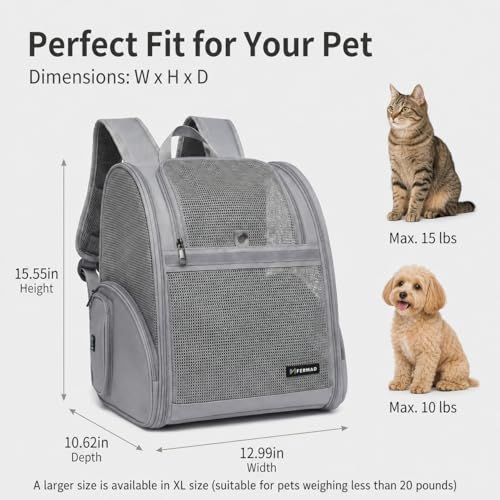 Cat Backpack Carrier for Small Dogs and Medium cat Puppy Kitten Bunny Pet Carrier Backpack Collapsible with Fully Ventilated Mesh with Safety Leash (Gray, 12.9" L x 10.62" W x 15.5" H - M) - color: Gray, size: Medium