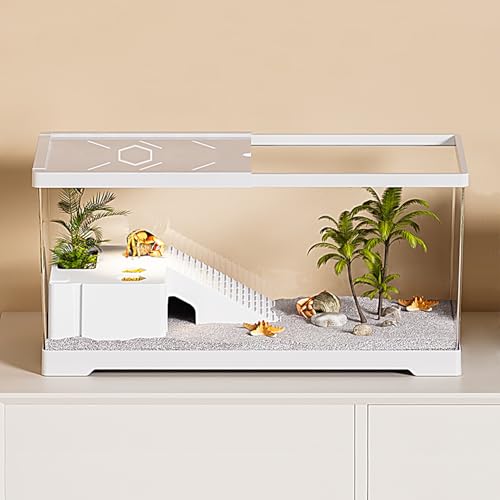 Turtle Fish Tank with Basking Platform and Bottom Drainage, 20" x 9.5" x 9.5" Aquatic Turtle Tank for Juvenile Turtle, Crayfish, Crabs, Amphibians, Reptiles, PC Material, White Color - size: 20" x 9.5" x 9.5"