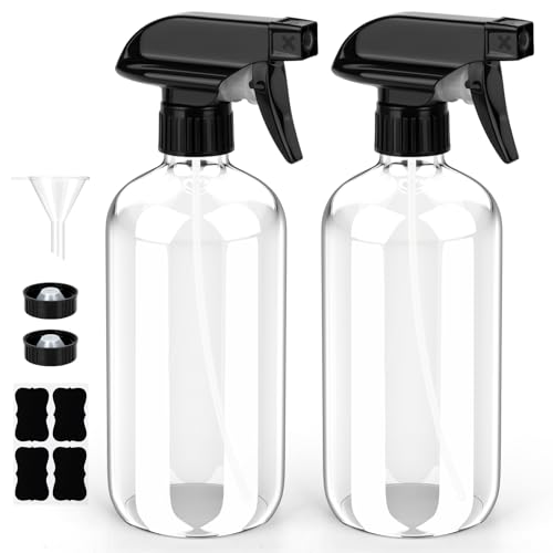 Bontip Glass Spray Bottle 8 oz for Cleaning, Plants (2 Pack, Transparent) | Refillable spray bottle Set, BPA-free eco glass, With labels and funnel, Great for cleaners, plant misting, hair care - color: Clear, size: 8 oz