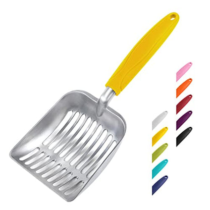 Cat Litter Scoop, Aluminum Alloy Sifter, Kitty Metal Scooper, Deep Shovel, Long Handle, Poop Sifting, Kitten Pooper Lifter, Durable, Heavy Duty, for Litter Box - color: FLAT Aluminum \ #04 Yellow Handle, size: Small