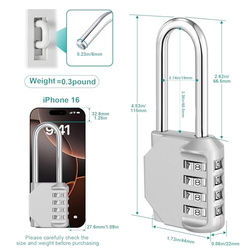 ZHEGE Combination Padlock, Long Shackle Lock with Code (Sliver) | 2.62" Shackle Height, 4 Digit Resettable Combination Lock for Outdoor Shed, Fence Gate, Coded Padlock for Locker - color: 1P, Sliver