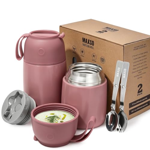 MAXSO 2 Pack Soup Thermo for Hot & Cold Food for Kids Adults, Vacuum Insulated Food Jar Thermal Lunch Containers, Travel Food Flask with Spoon (24 oz,17 oz) (Dusty Rose) - color: Dusty Rose