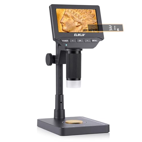 Elikliv EDM4C Coin Microscope with Scale, 4.3" Weighing Digital Magnifier | 0.1g Accuracy, 8" Stand, IPS Screen for Error Coin, Adjustable LED Lights, Win/Mac Compatible, For Coin Collectors, Jewelers - color: Gray