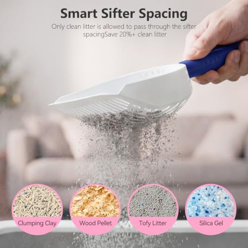 Cat Litter Scoop with Holder, 3 in 1 Metal Kitty Scooper | Heavy Duty Deep Litter Sifter with Dustpan & Mini Broom, Dual Coarse & Fine Grid, Quick Sift, Universal for All Cat Litter - color: Dark Blue, size: Large